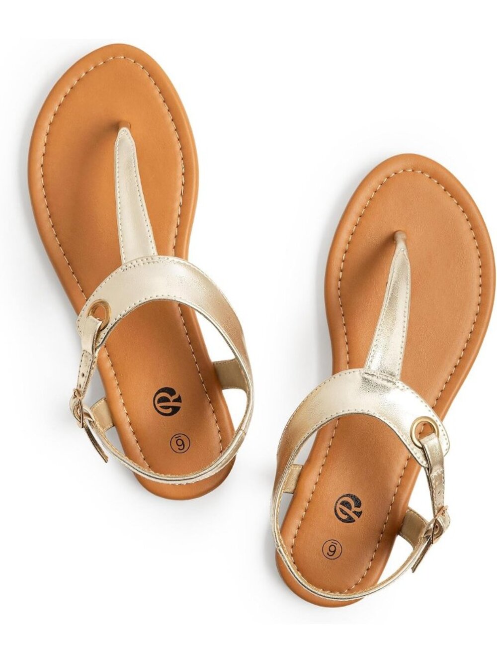 Women's New Pu Gold Adjustable Ankle Buckle with T-Straps Flats Thong Sandals